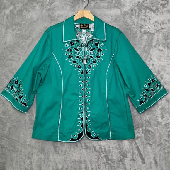 Bob Mackie Wearable Art Jacket Womens 1X Green Embroidered Floral Zip Up Retro - Picture 1 of 12